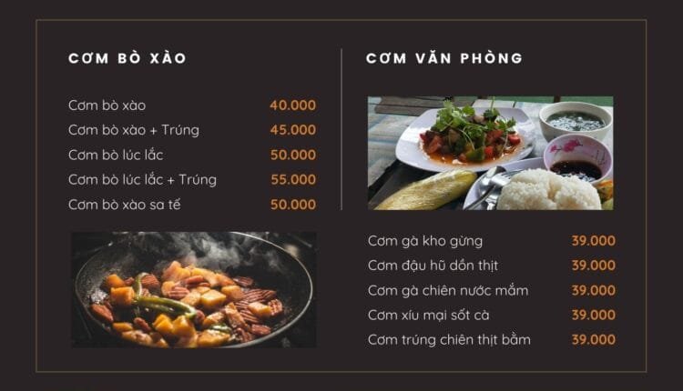 Thực đơn Cơm Bò Xào - Cơm Văn Phòng Bida Top
